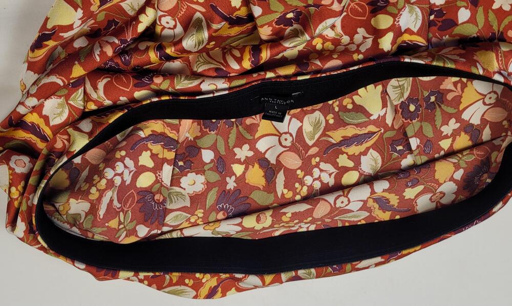Ann Taylor Factory Skirt Womens Large Orange Floral Midi A-Line Elastic Waist - Picture 9 of 9